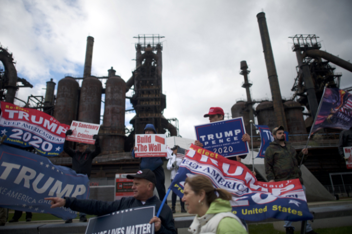 BETHLEHEM, PA - APRIL 15:  Donald Trump supporters demonstrate outside of a FOX News Town Hall with Democratic presidential candidate, U.S. Sen. Bernie Sanders (I-VT) at SteelStacks on April 15, 2019 in Bethlehem, Pennsylvania. Sanders is running for president in a crowded field of Democrat contenders. (Photo by Mark Makela/Getty Images)